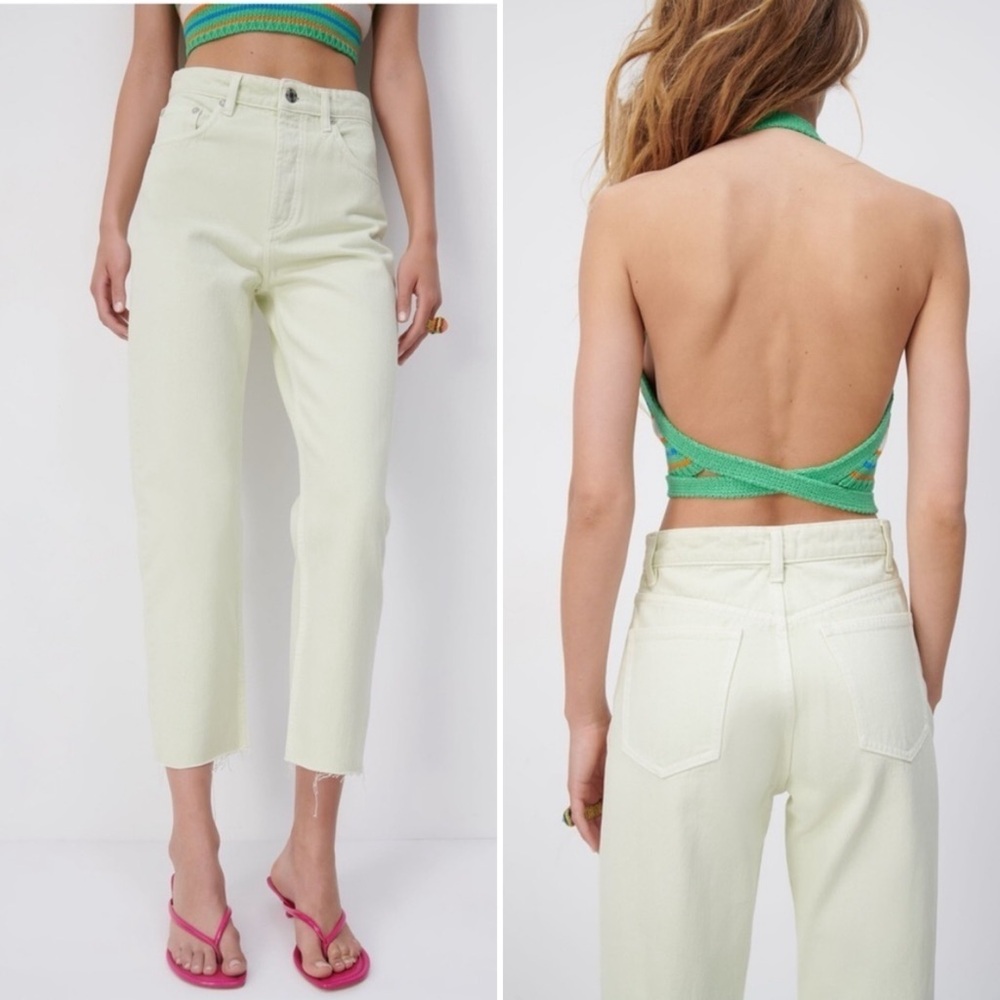 Zara high rise ankle jeans womens 2 light green button fly raw hem cotton denim